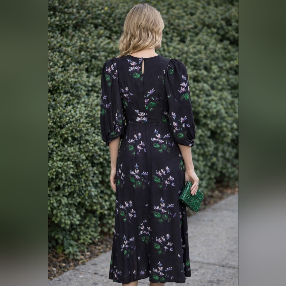 Les Reveries 100% Silk Midi Black Floral Dress Sz 6 NEW - Picture 2 of 7